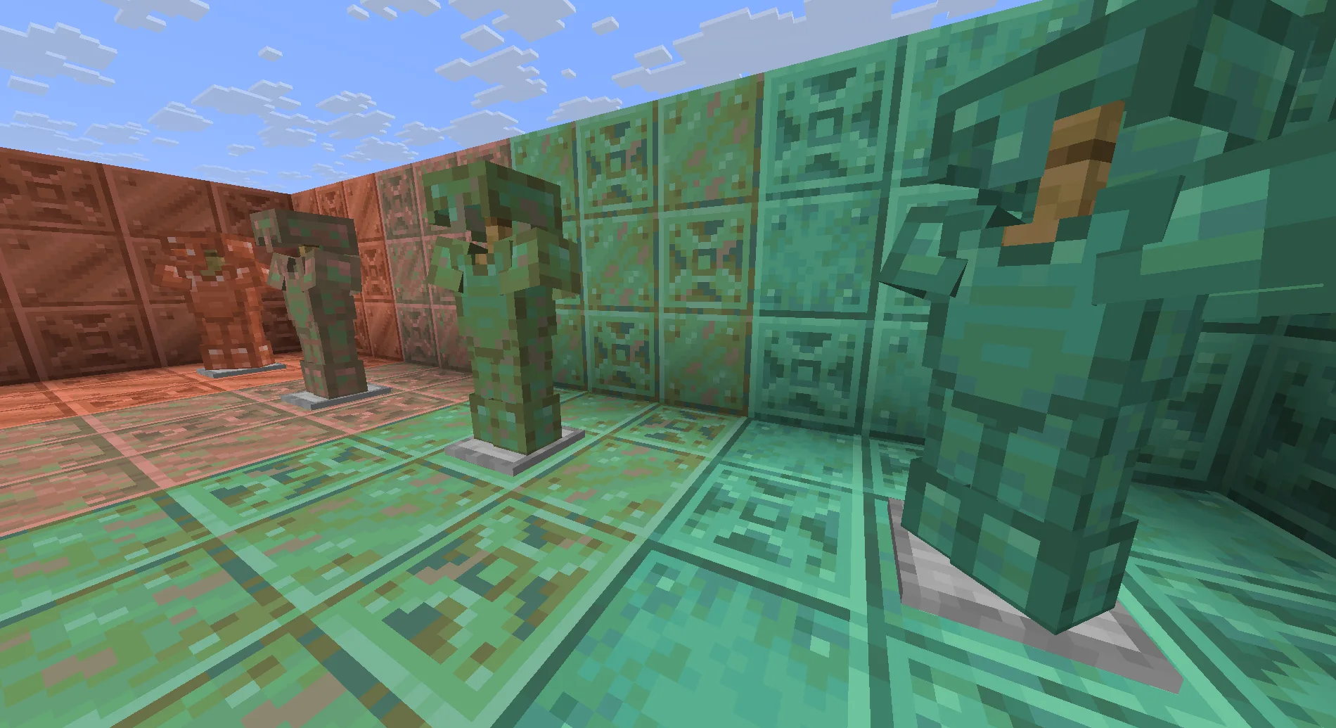 Игрок в медной броне с разной степенью окисления из мода Copper Extension.