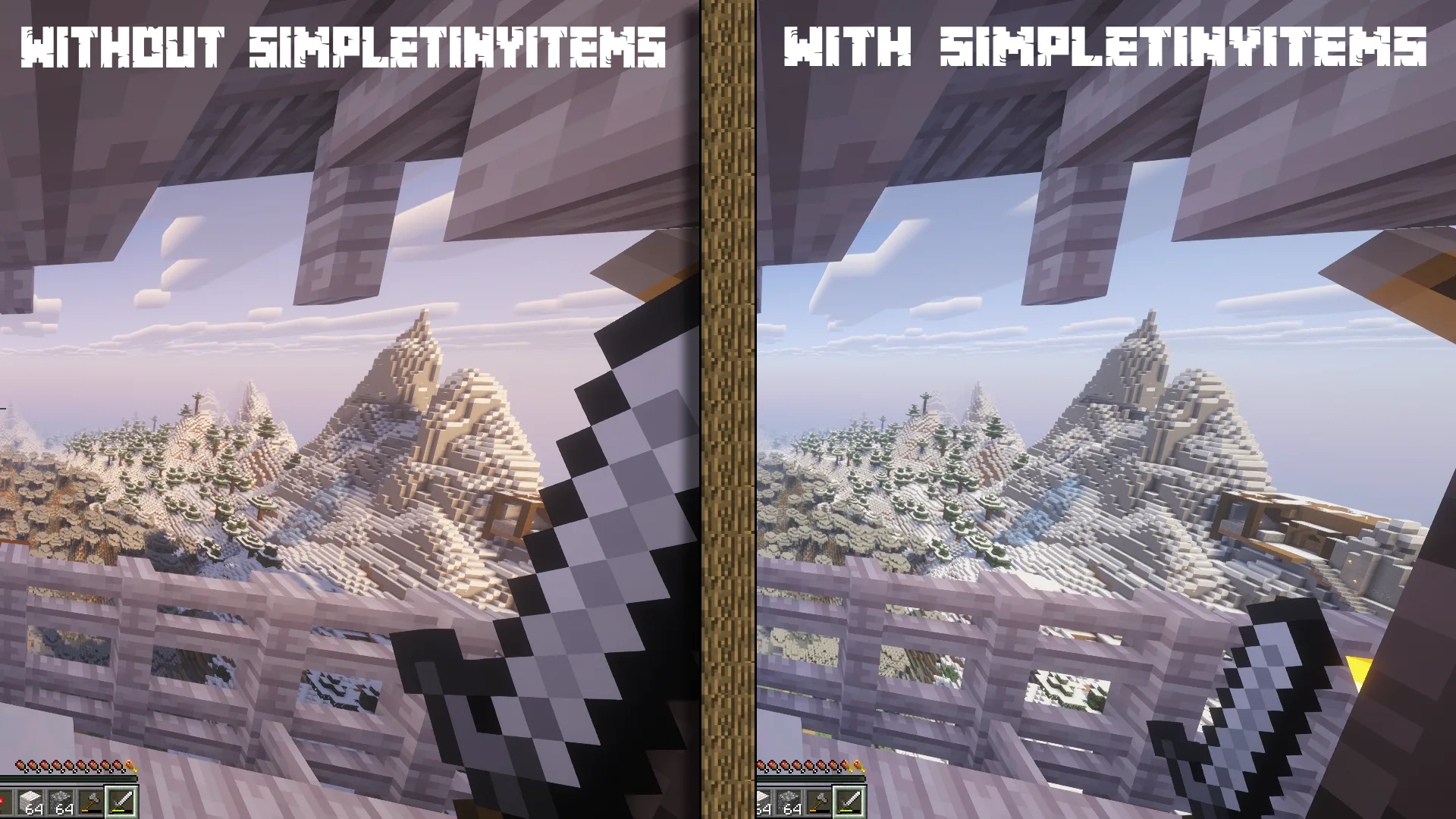 Сравнение стандартных предметов Minecraft и предметов с установленным модом Simple Tiny Items.