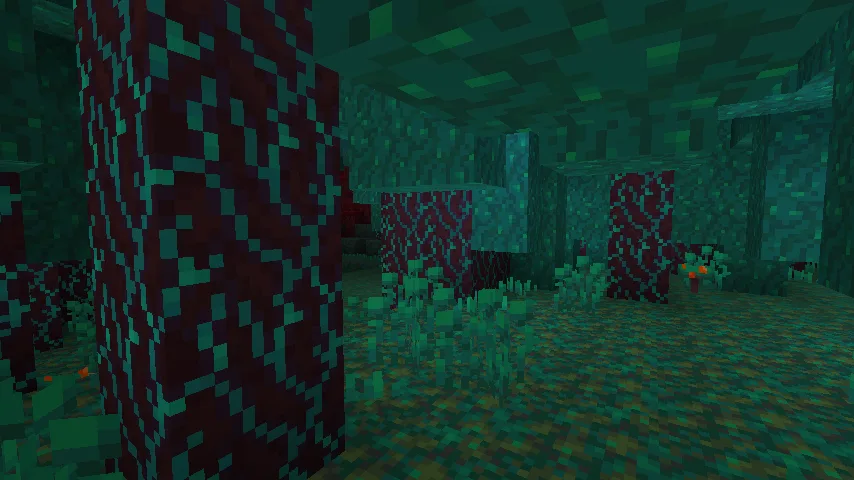 Искаженный лес из блоков Minecraft в неоновом освещении.