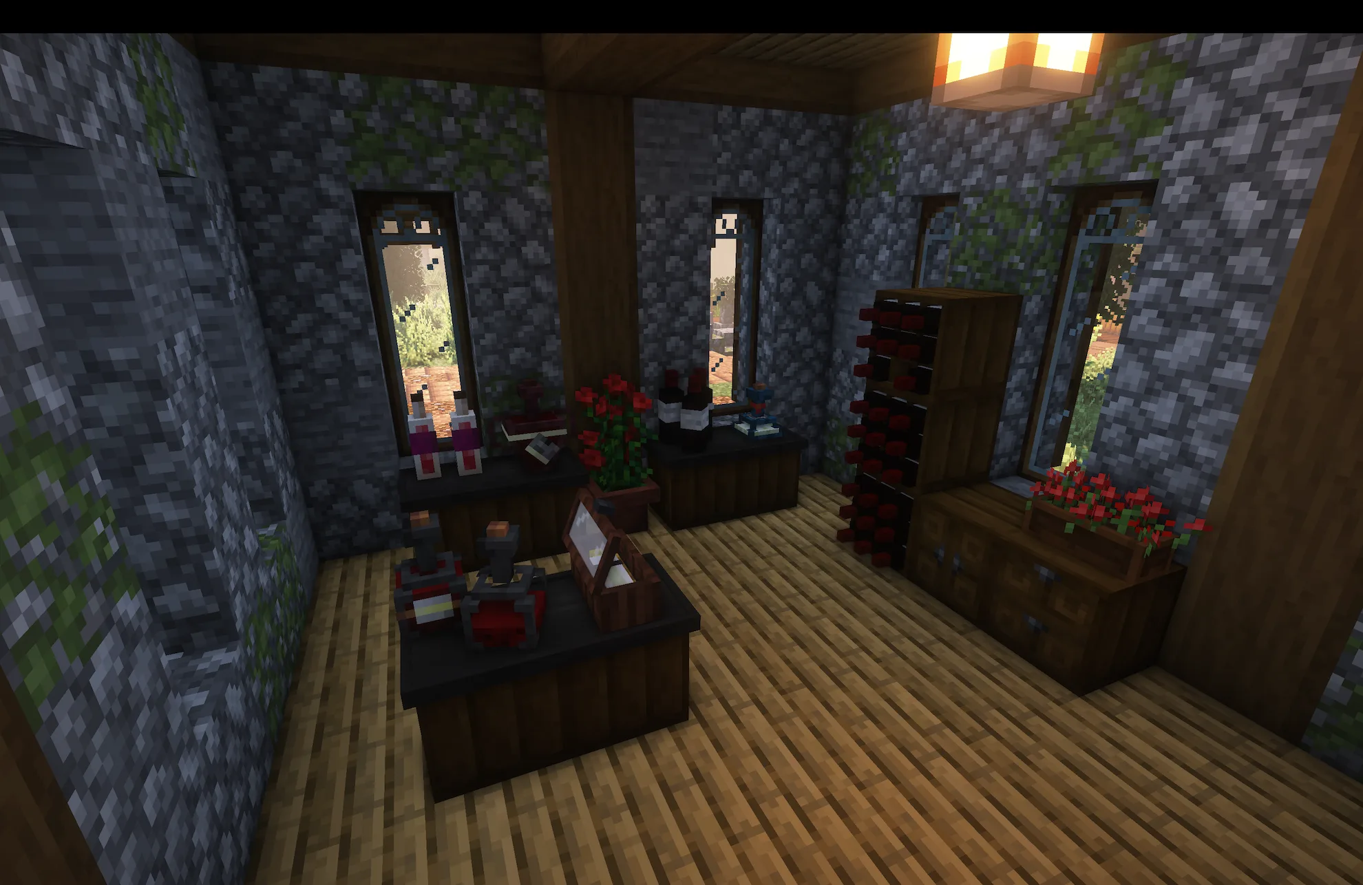 Небольшой винный магазин, построенный из блоков модов [Let's Do] Vinery, DecorativeBlocks и Create.