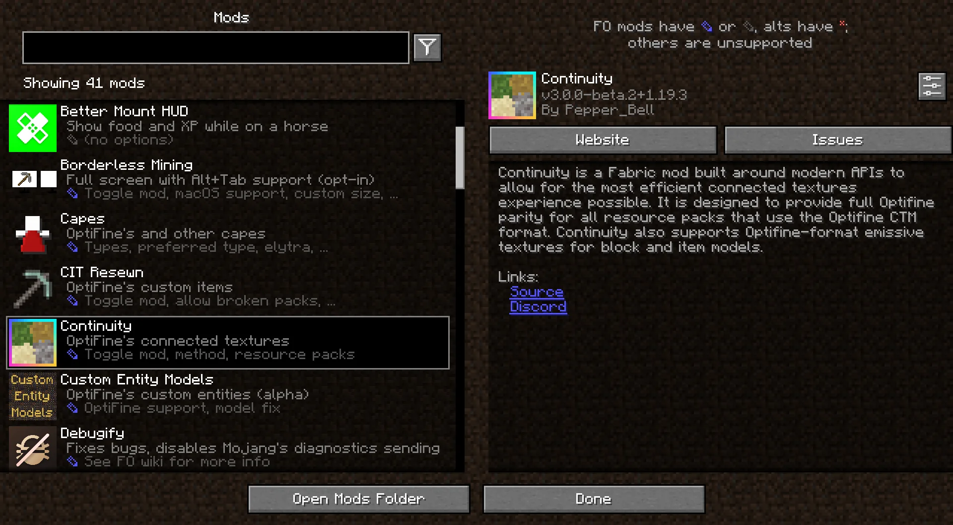 Меню модов с описанием функций и опций.