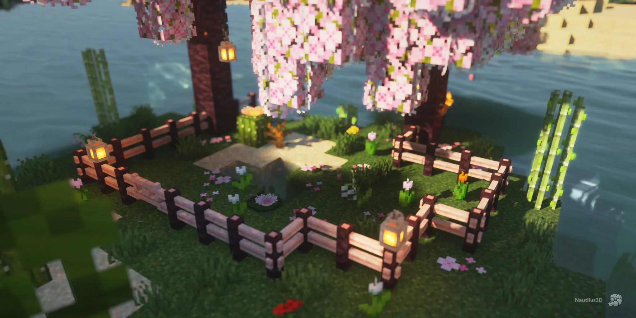 Дерево сакуры в саду в стиле Nautilus 3D.