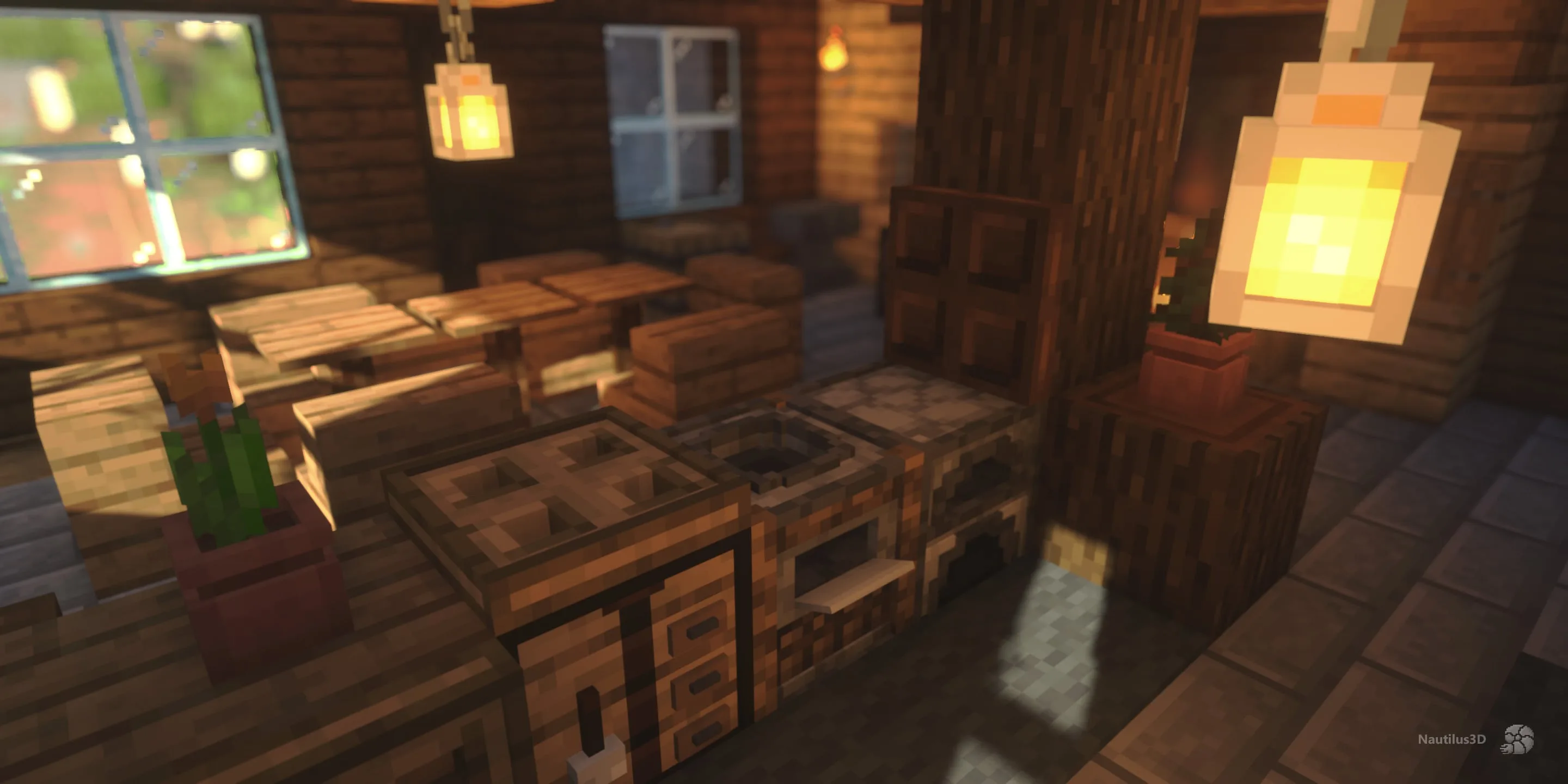 Интерьер кухни с цветочным горшком и плавильной печью в проекте Nautilus 3D.