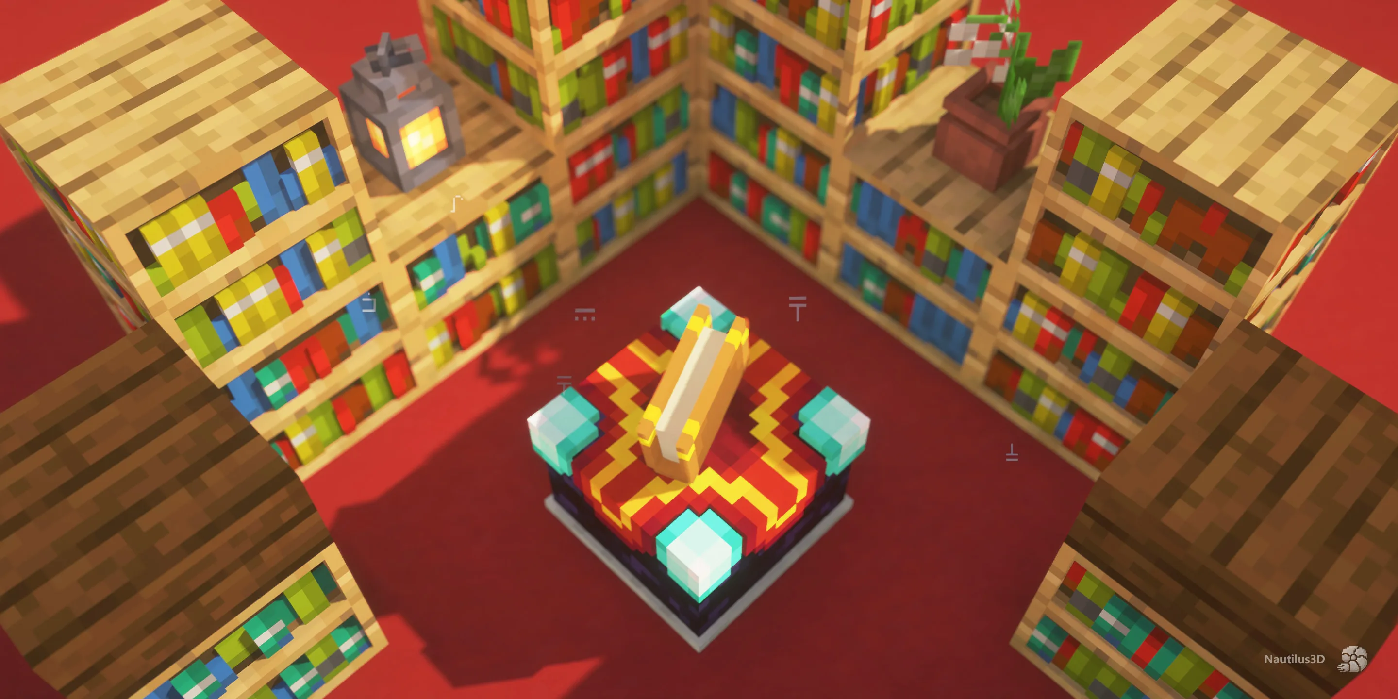 Стол зачарования в Minecraft с книжными полками, заполненными случайными книгами.