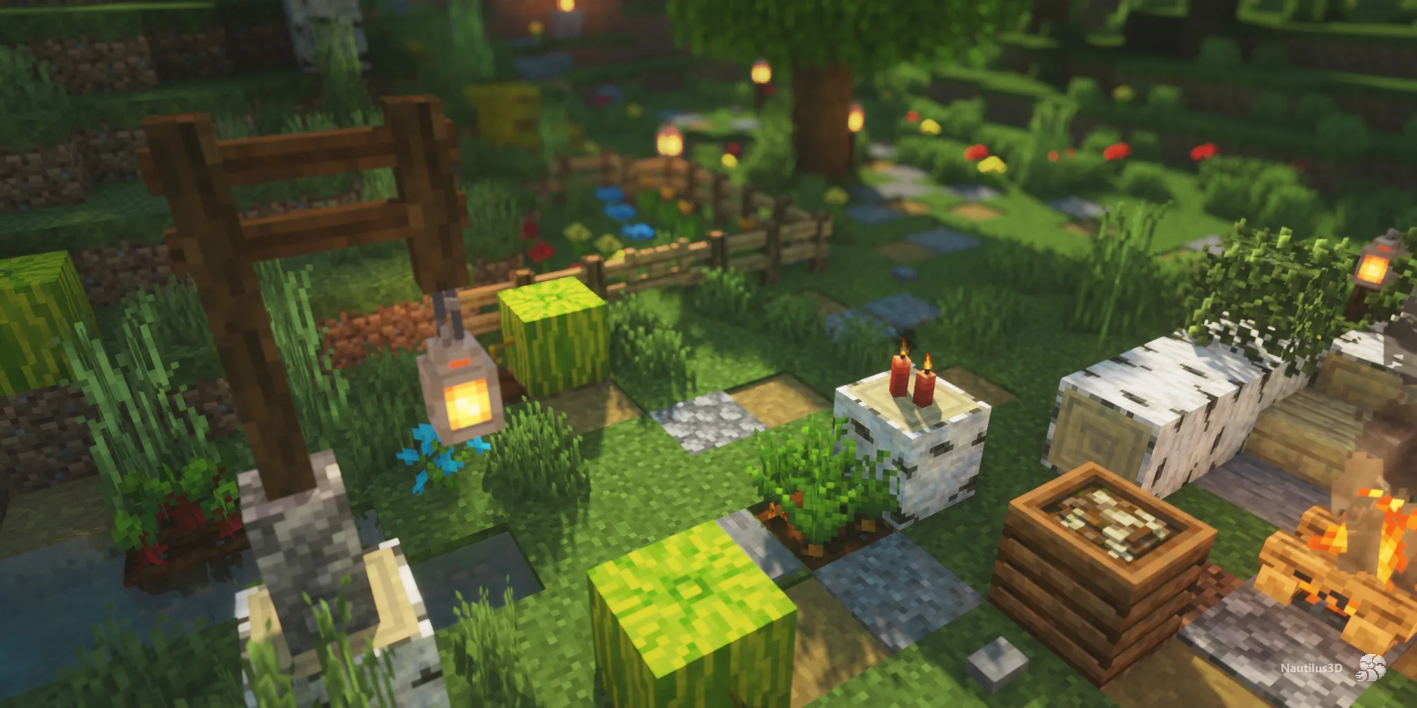 Небольшой сад с компостером, грядками и забором из проекта Nautilus 3D в Minecraft.