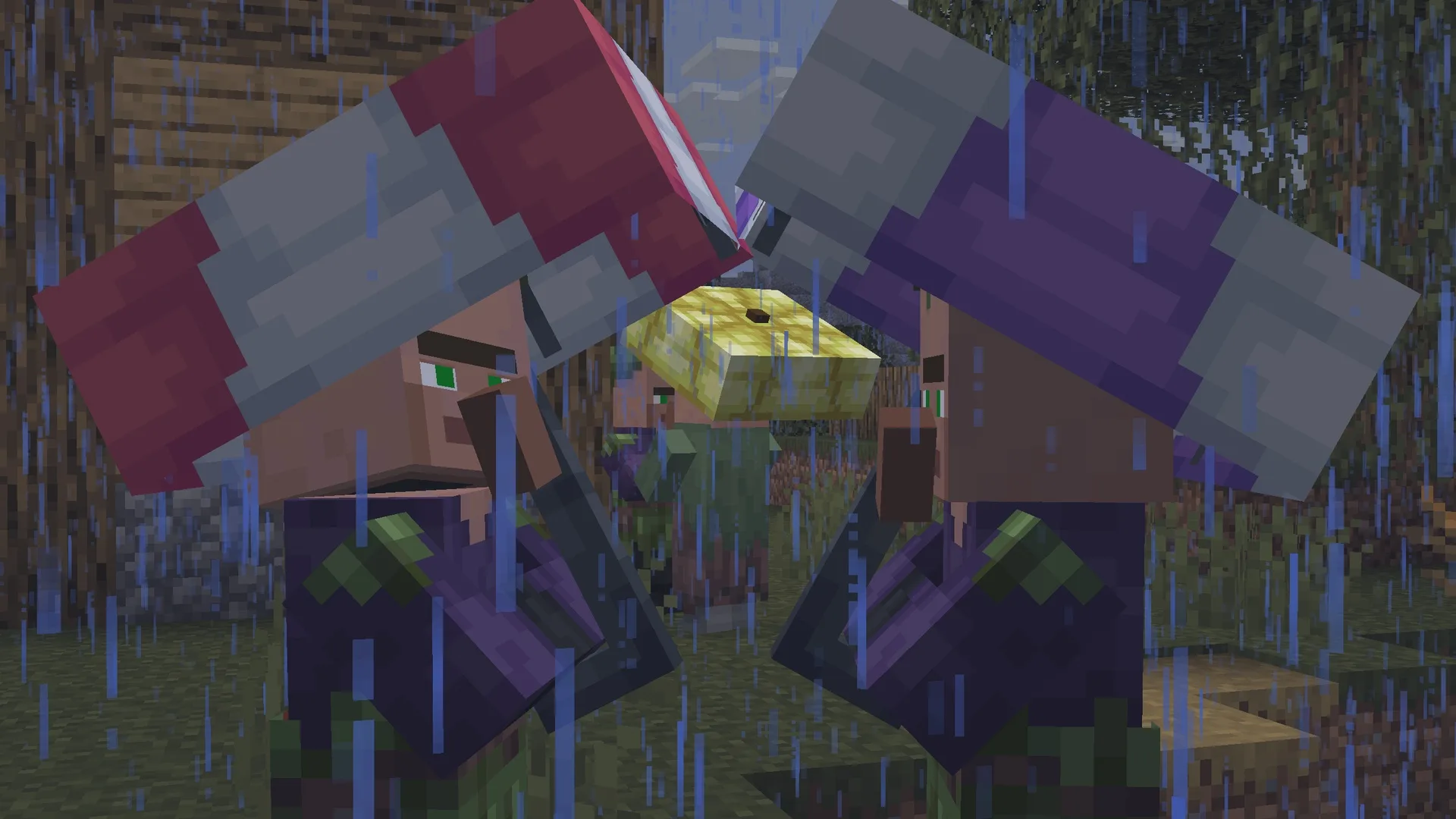 Жители в зонтиках общаются друг с другом.