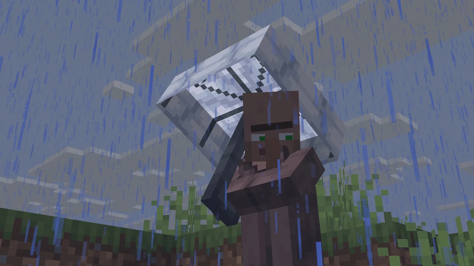 Житель деревни с белым зонтом.