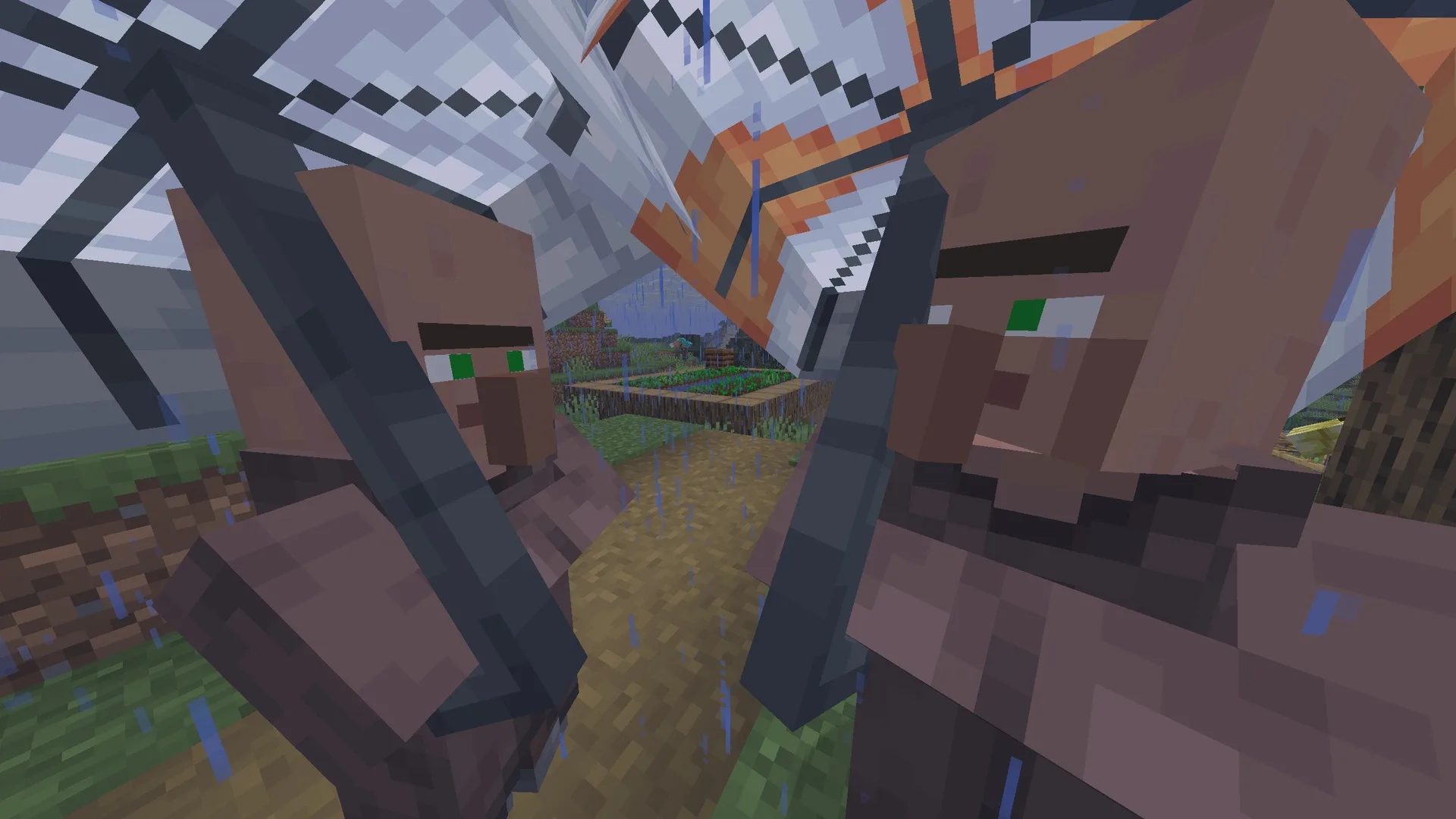 Жители деревни с зонтиками крупным планом.