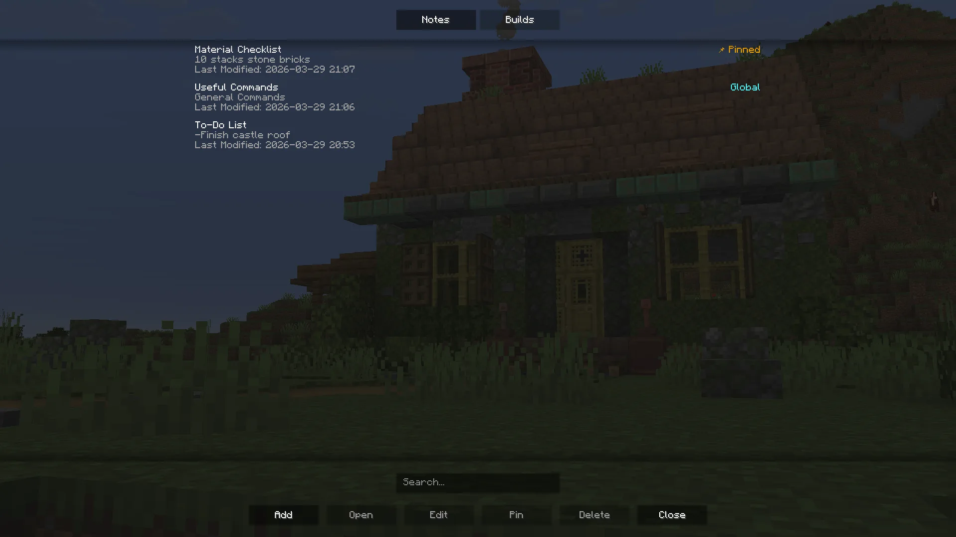 Главный экран мода BuildNotes.