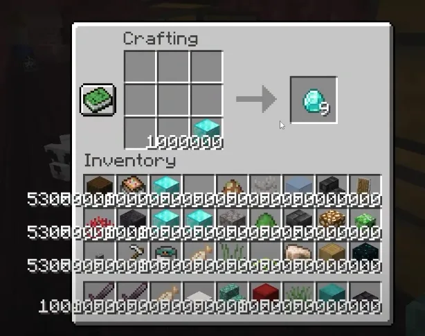 Скриншот инвентаря в Minecraft с перемешанными предметами из мода Inventory Randomizer.