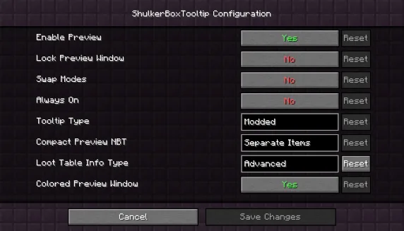 Экран настроек мода Shulker Box Tooltip.