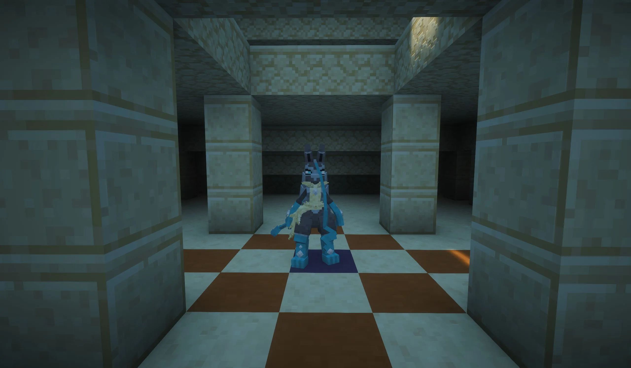 Пиксель-арт покемона Лукарио в стиле Minecraft.