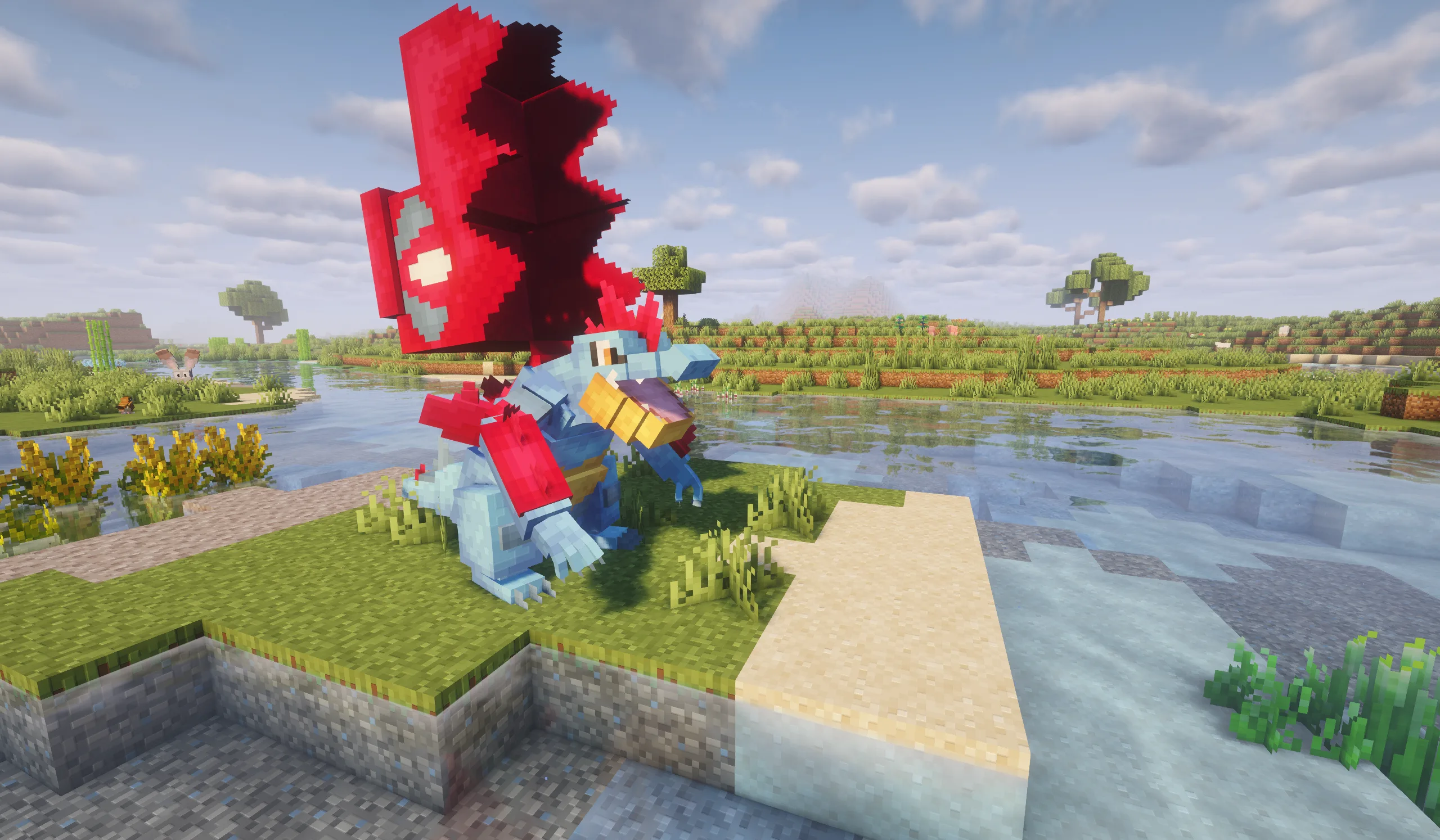 Пиксель-арт покемона Фералигатра в стиле Minecraft.