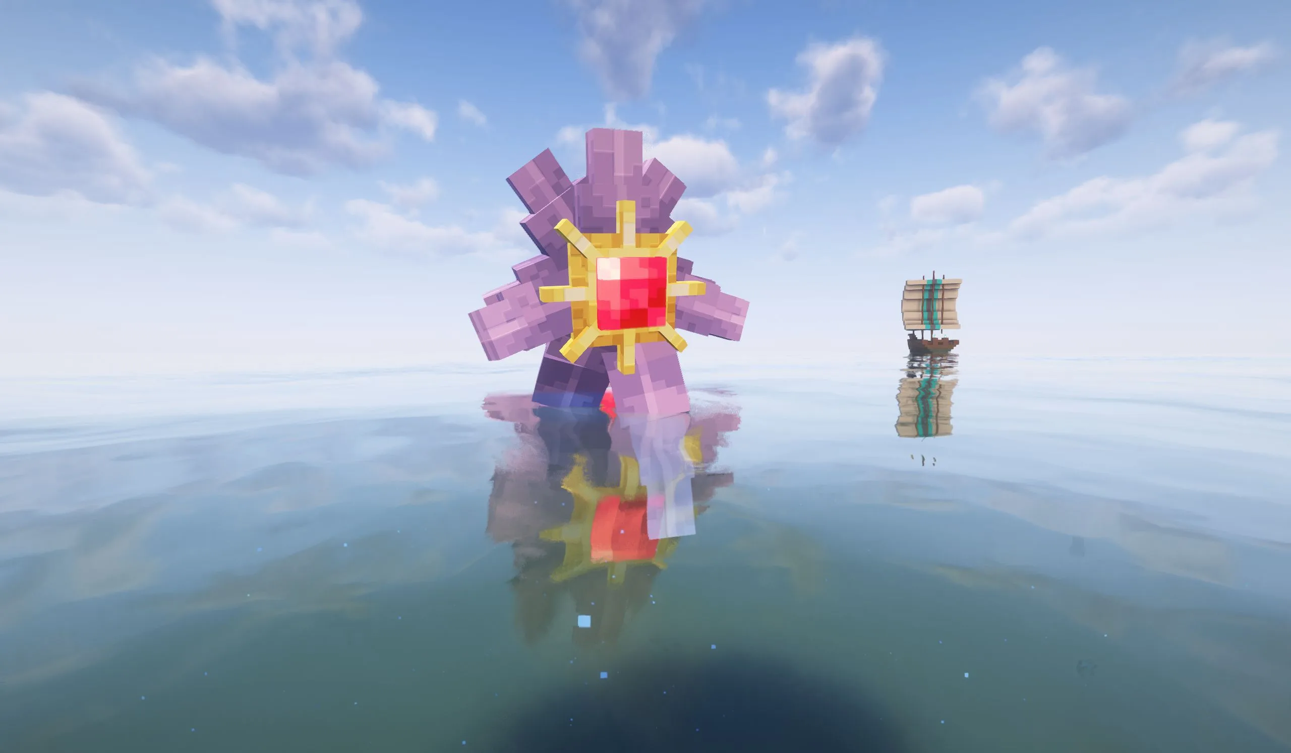 Пиксель-арт покемона Старми в стиле Minecraft.