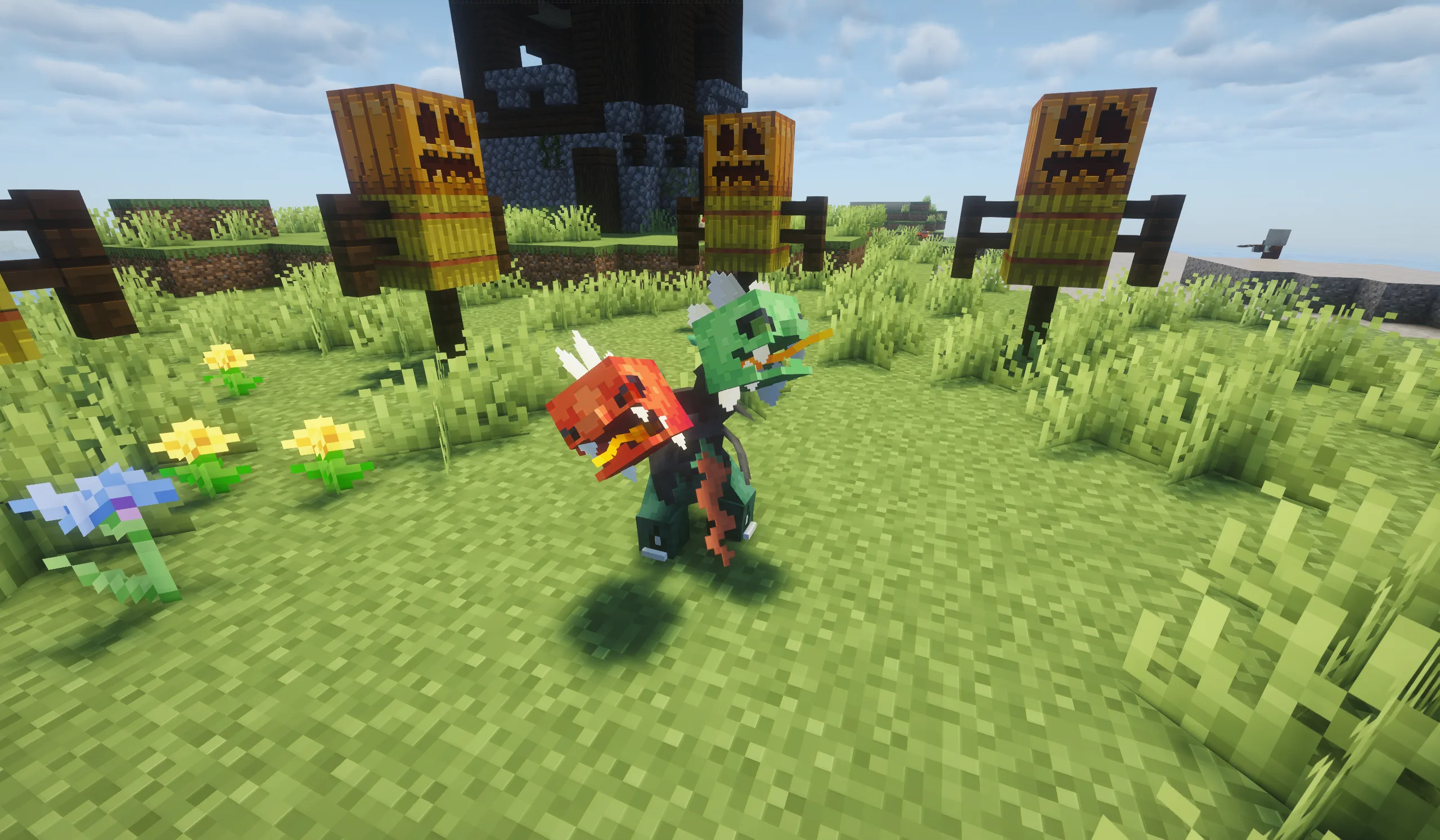 Пиксель-арт покемона Сковиллена в стиле Minecraft.