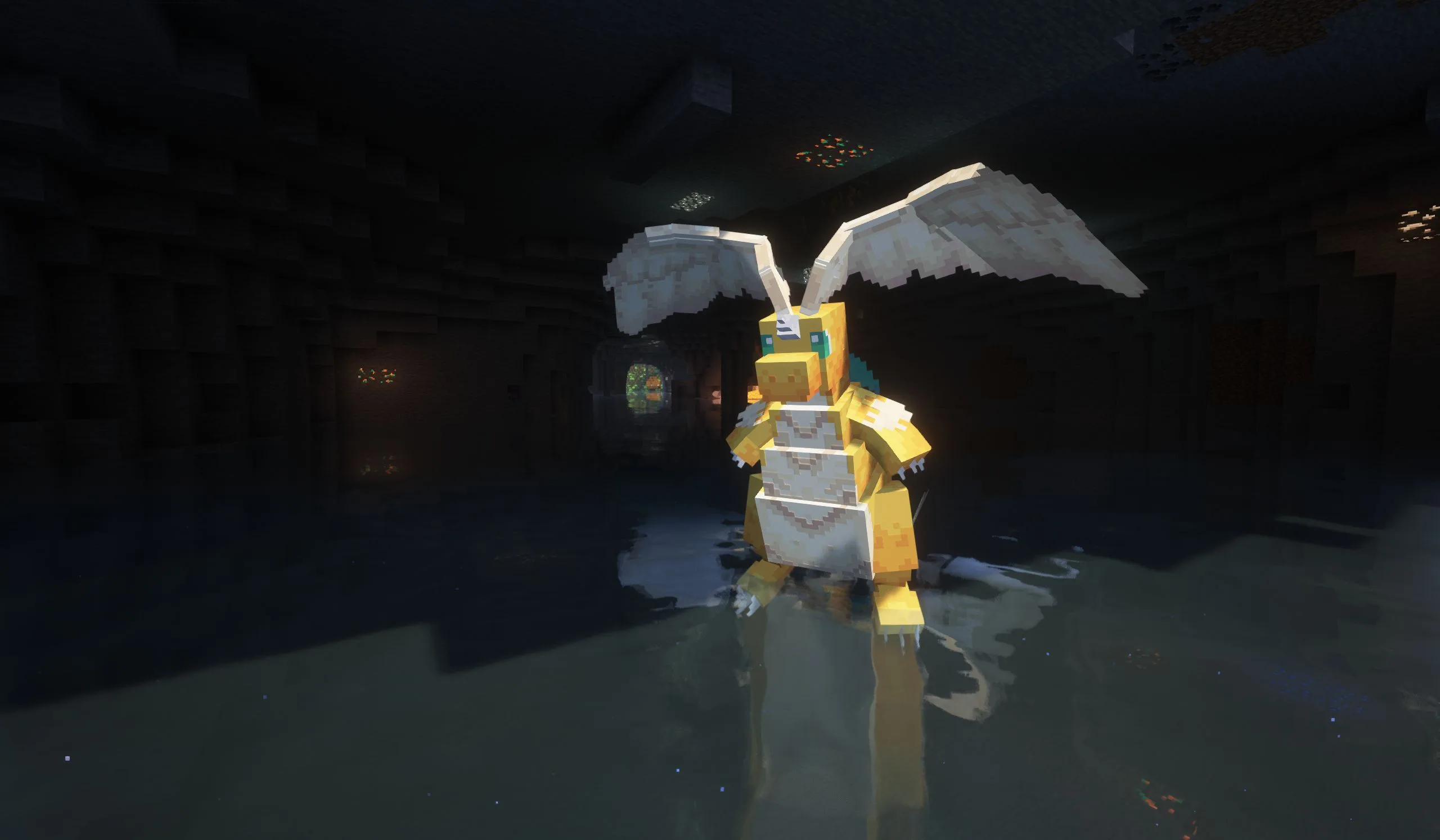 Пиксель-арт дракона Dragonite в стиле Minecraft.