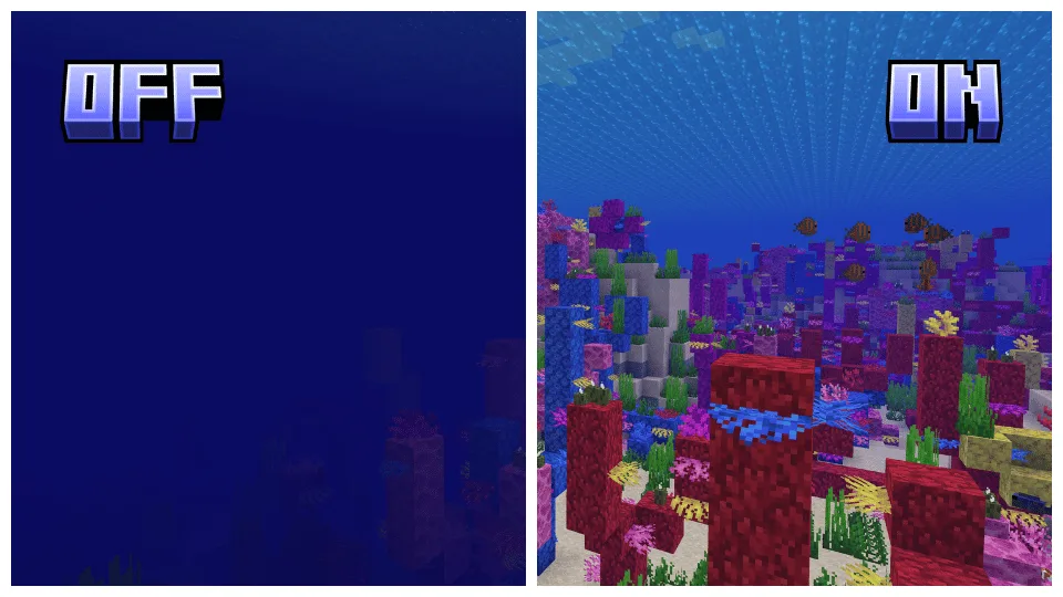 Сравнение видимости под водой в Minecraft с установленным модом Clearview и без него.