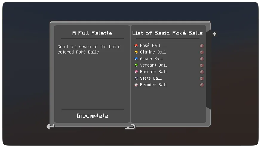 Интерфейс достижений в модификации Cobblepedia для Cobblemon.