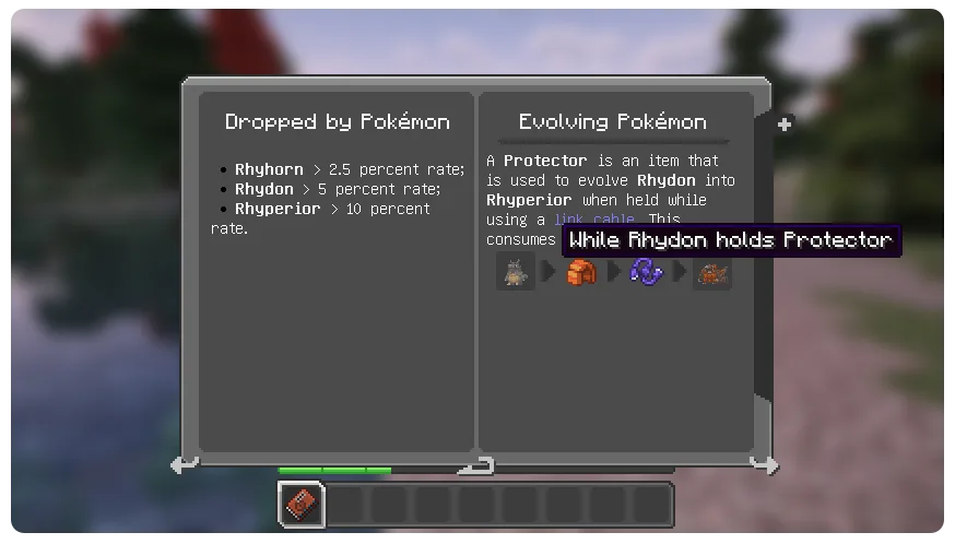 Интерфейс внутриигровой энциклопедии Cobblepedia с описанием процесса эволюции покемона.