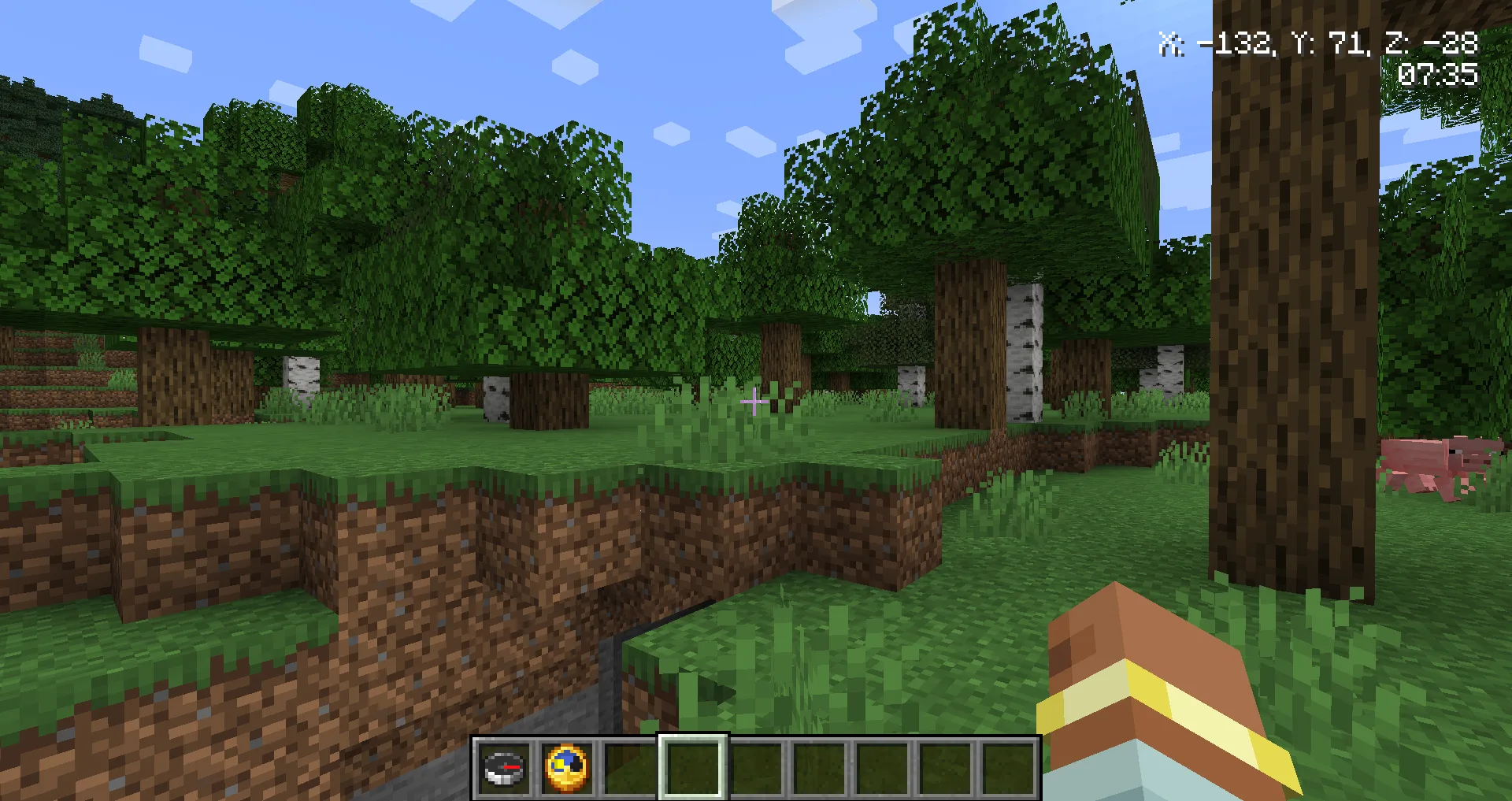 Скриншот мода Interesting Indicators с отображением координат и времени в интерфейсе Minecraft.