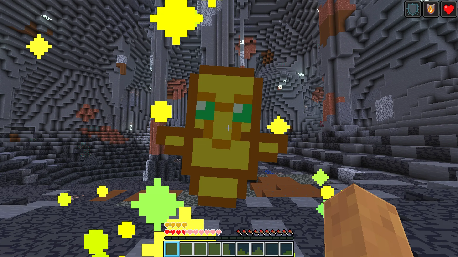 Скриншот игрового интерфейса Minecraft с отключенной анимацией и частицами при срабатывании тотема бессмертия.