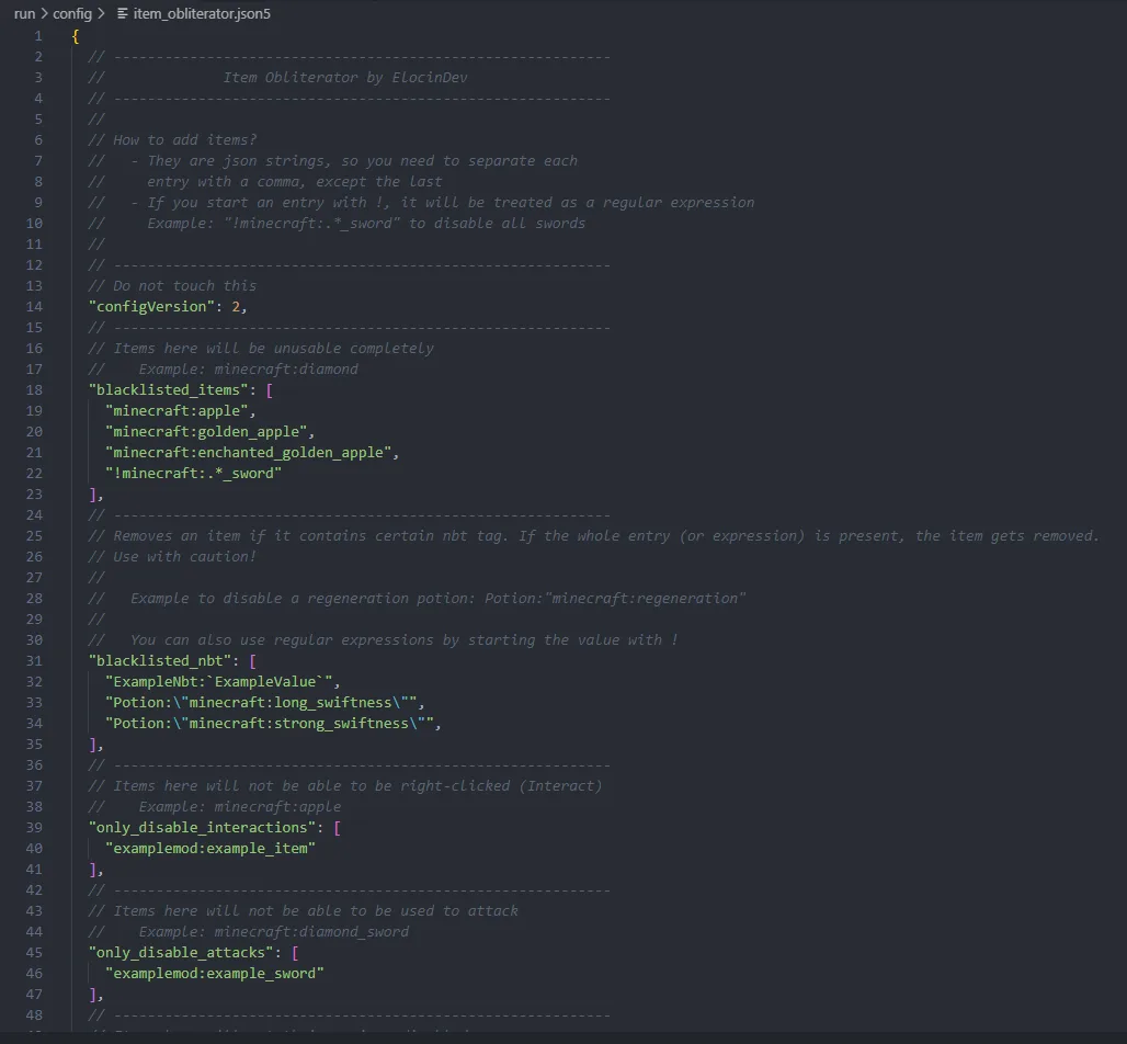 Пример конфигурационного файла мода Item Obliterator для Minecraft 1.20.1.