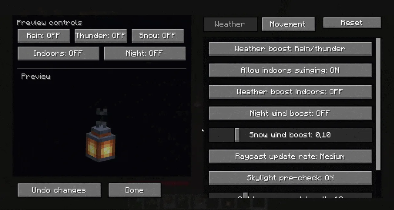 Меню настроек мода Swinging Lanterns для изменения конфигурации.