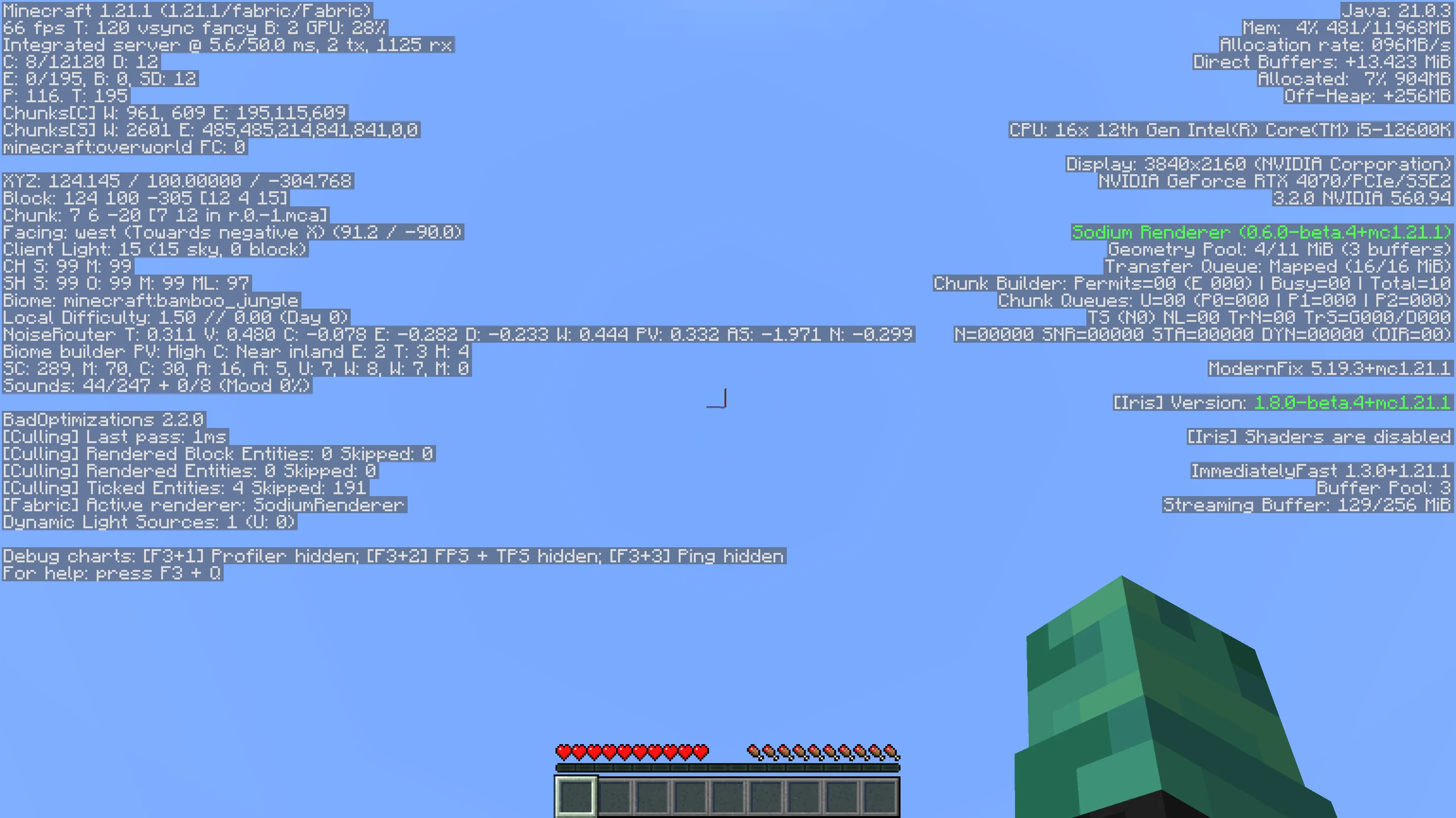 Стандартный интерфейс отладки Minecraft с информацией F3