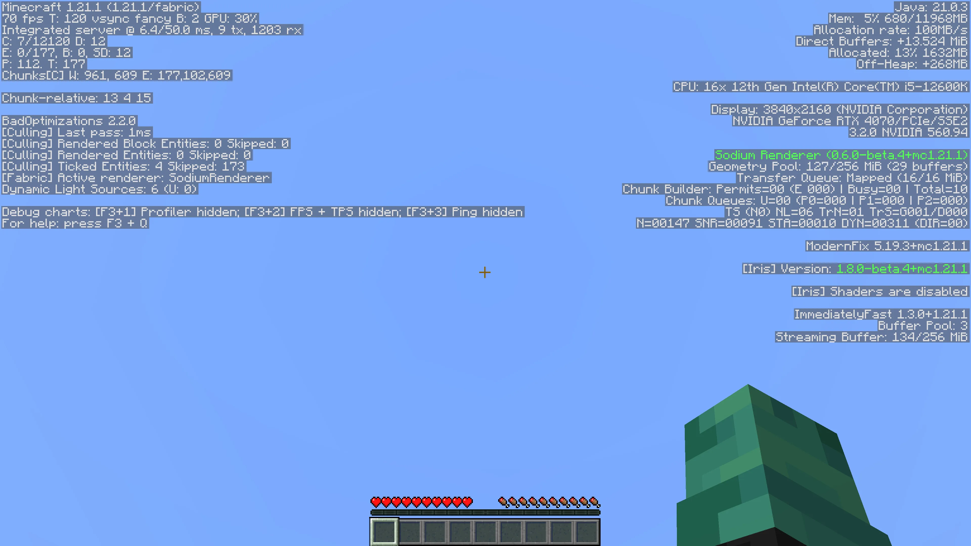 Интерфейс Minecraft с отключенной отладочной информацией после установки мода