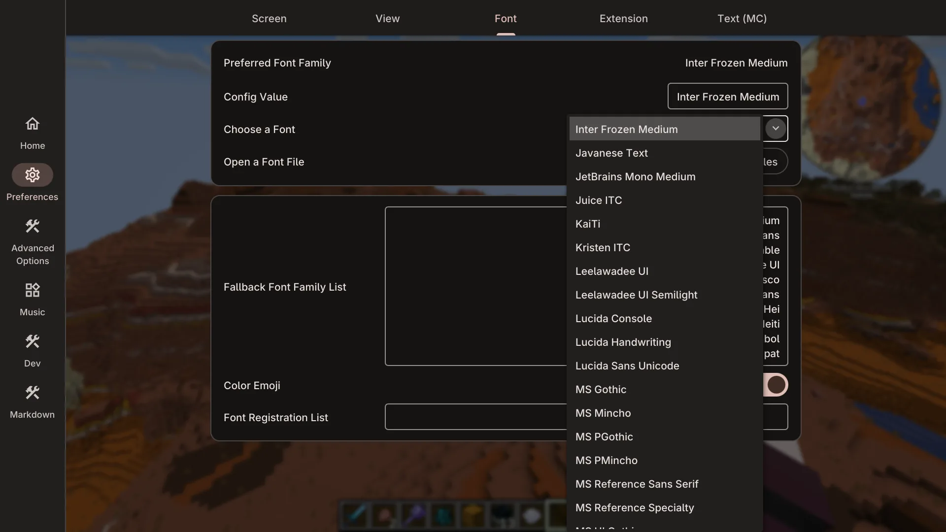 Экран конфигурации пользовательского интерфейса Modern UI.