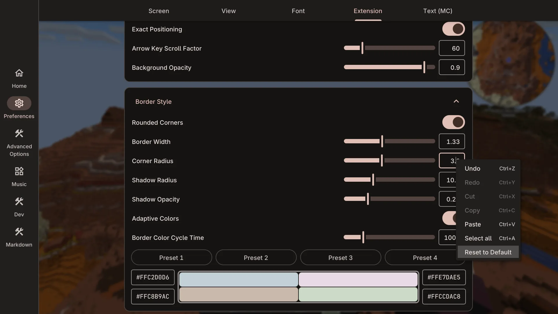 Экран конфигурации пользовательского интерфейса Modern UI.