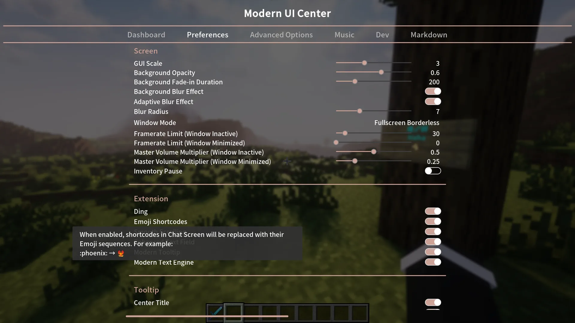Экран конфигурации мода Modern UI (устаревшая версия).