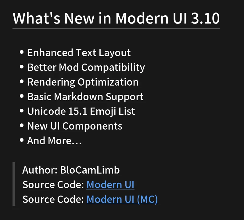 Окно интерфейса Minecraft с отображением текста в формате Markdown.