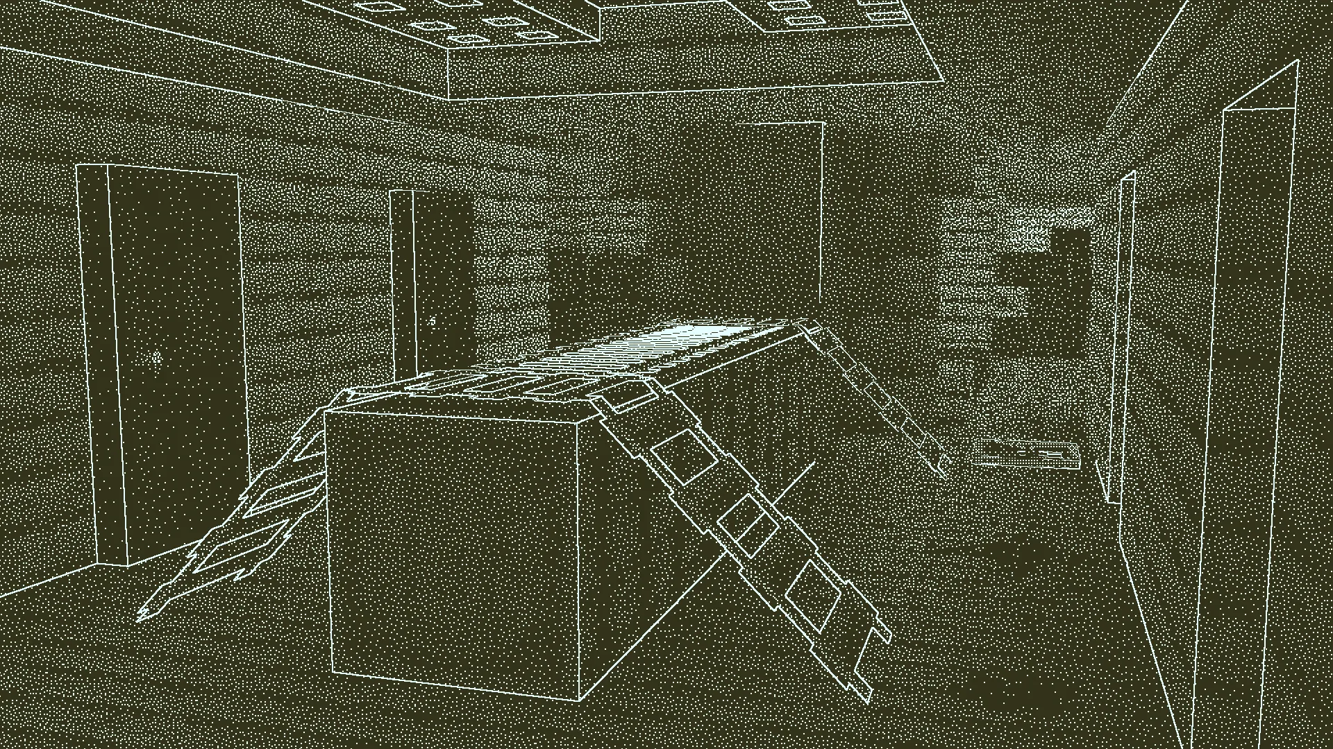 Интерьер воссоздания Obra Dinn в стиле Ditherpunk.