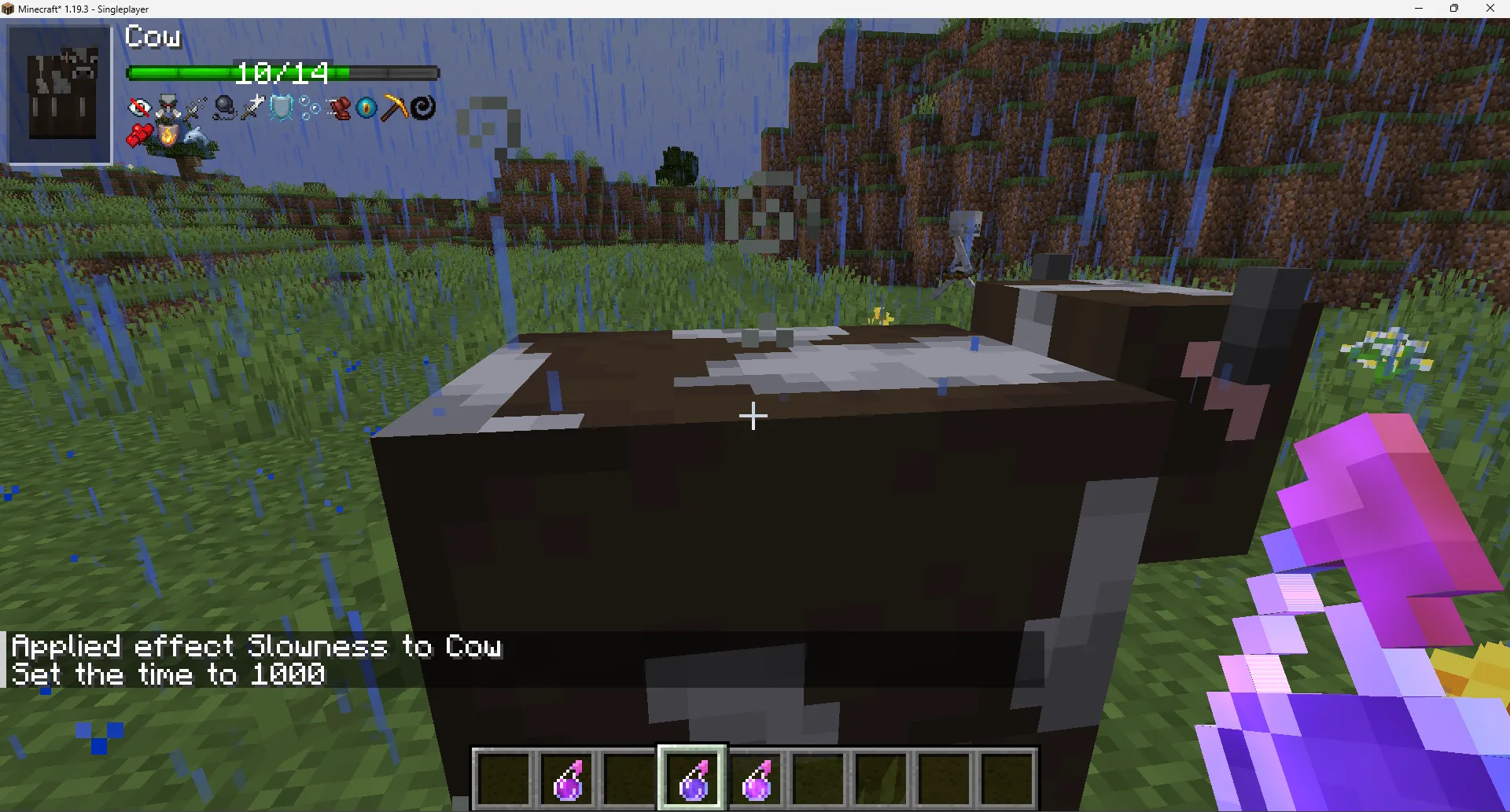 Интерфейс Minecraft с отображением статуса видимости сущности TslatEntityStatus.