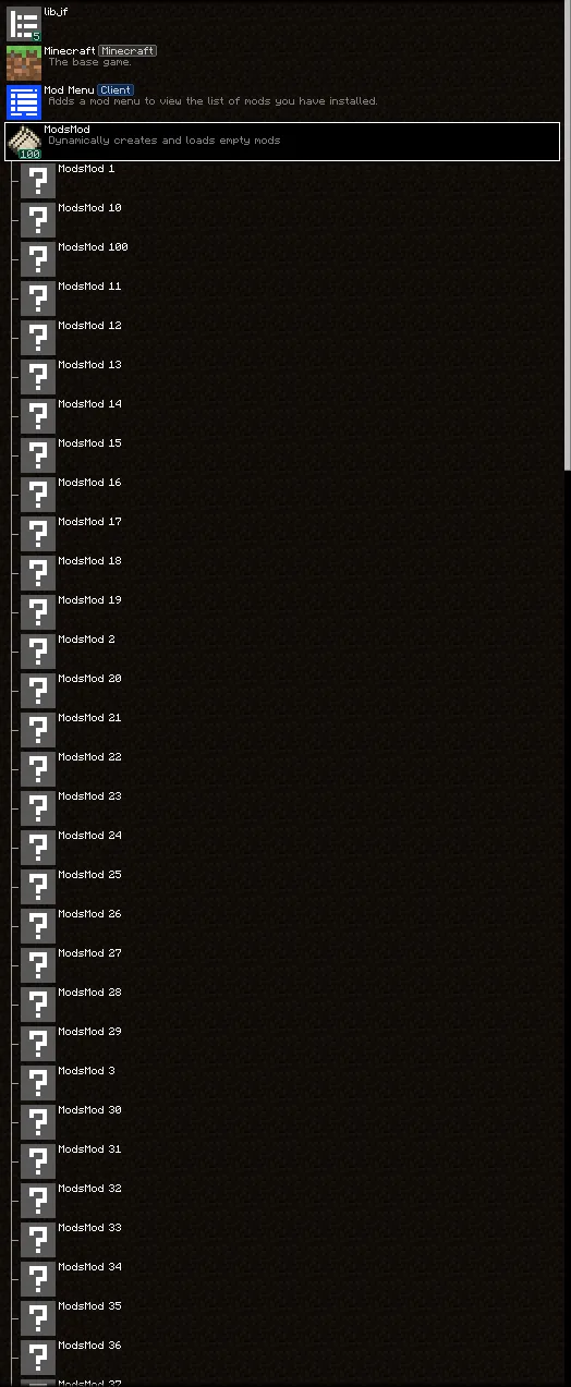 Список из 100 сгенерированных модов в меню Modmenu для проекта Modsmod.