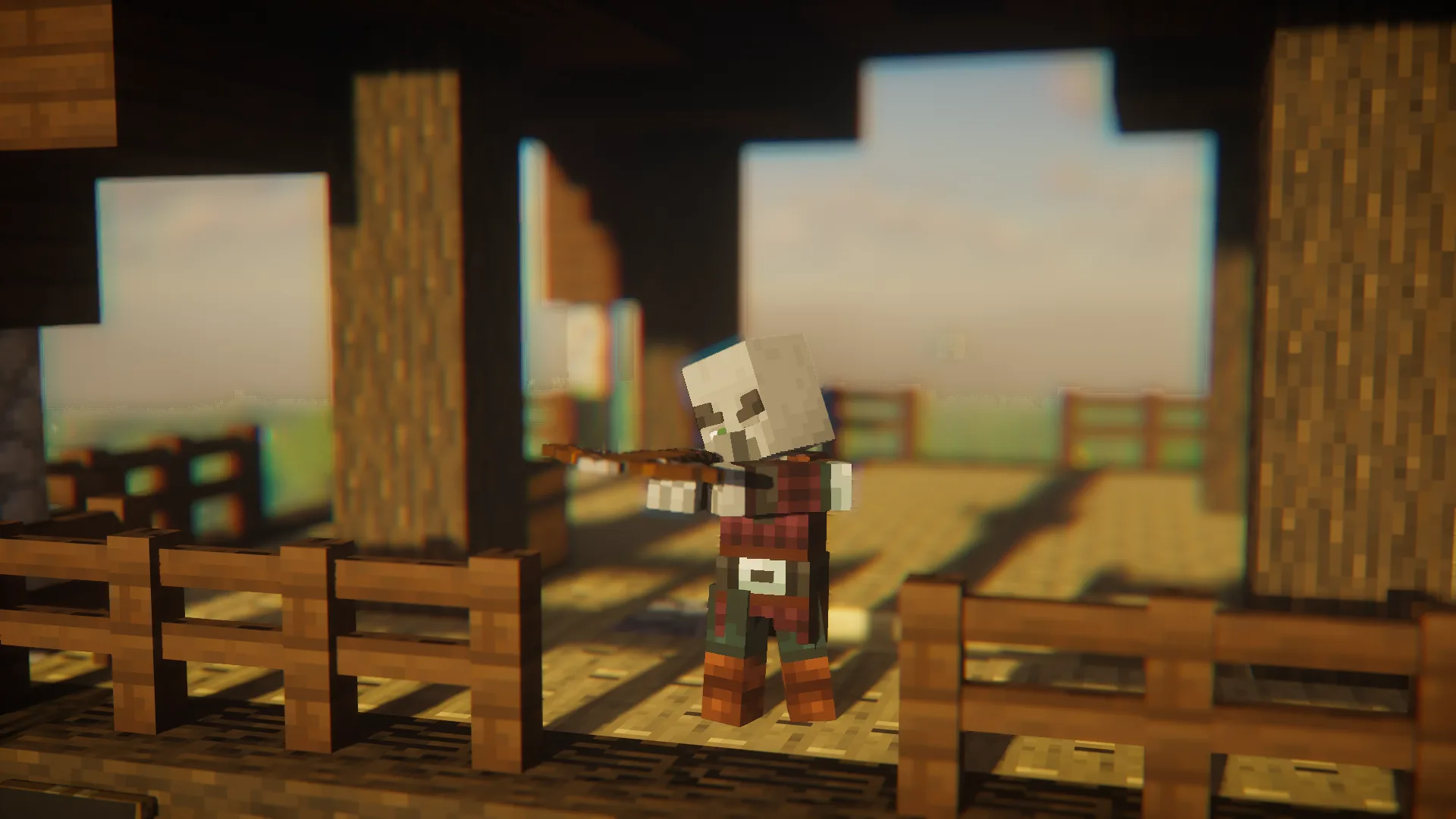 Скриншот разбойника из Minecraft с анимациями мода Entity Model Features и шейдерами Iris.