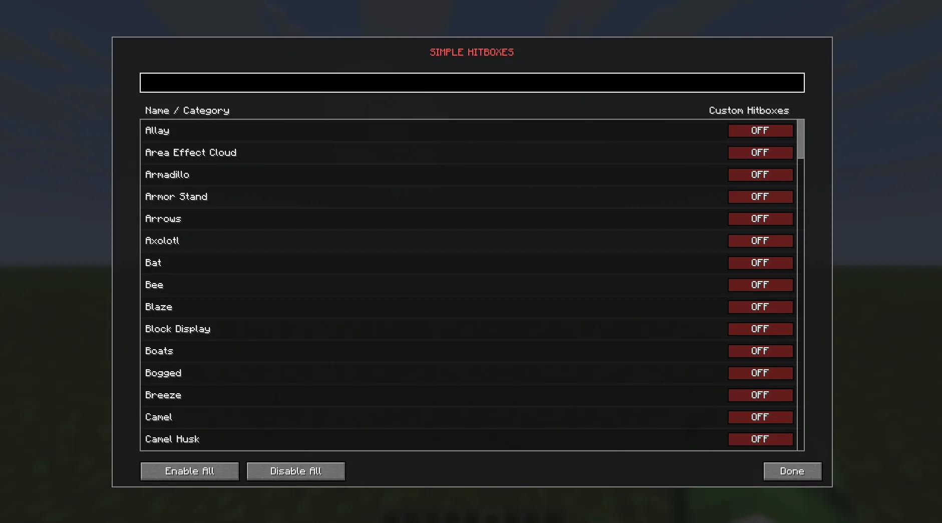 Меню выбора сущностей для отображения хитбоксов