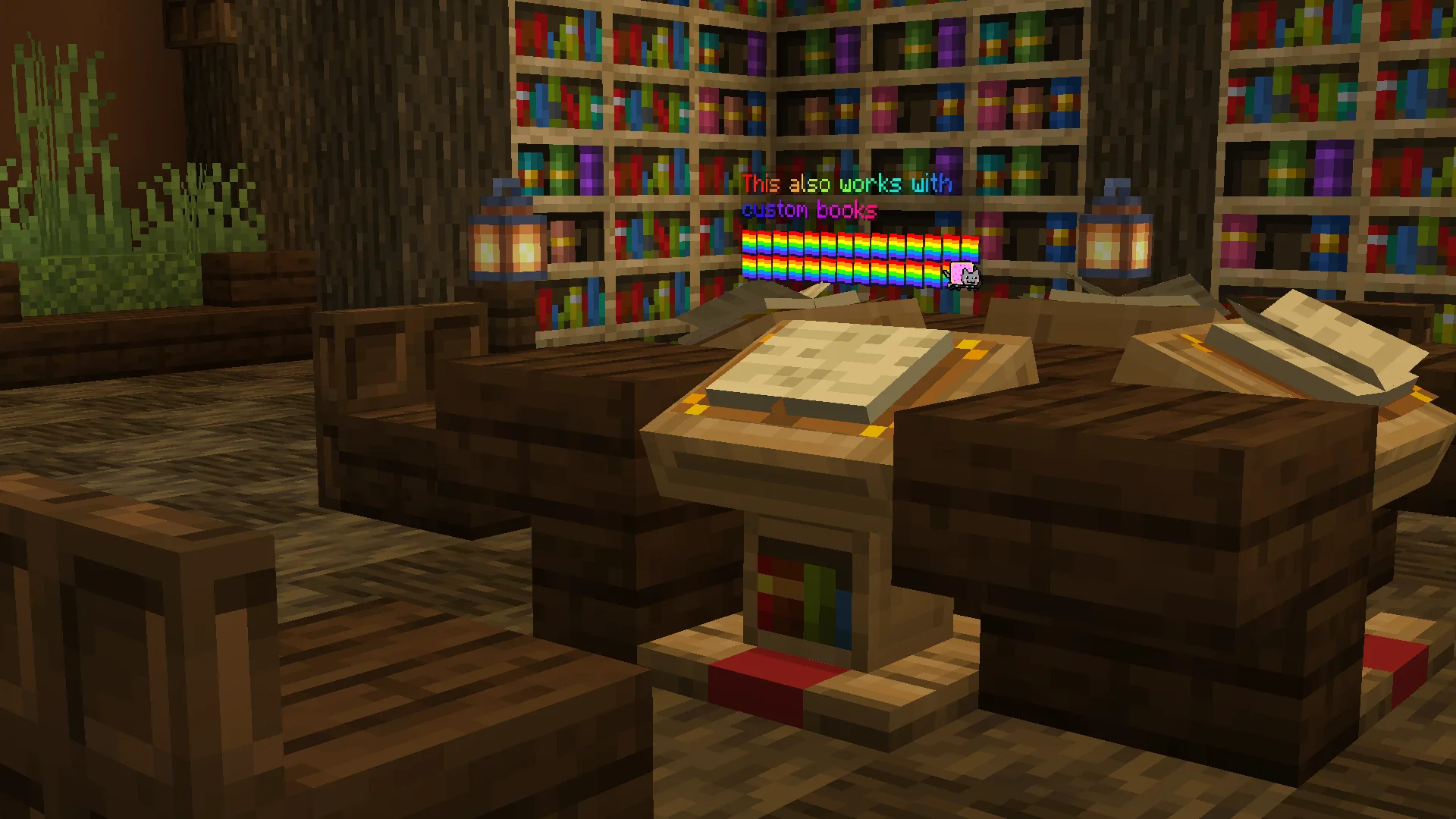 Пюпитр с открытой книгой в игре Minecraft, демонстрирующий работу с пользовательскими книгами.