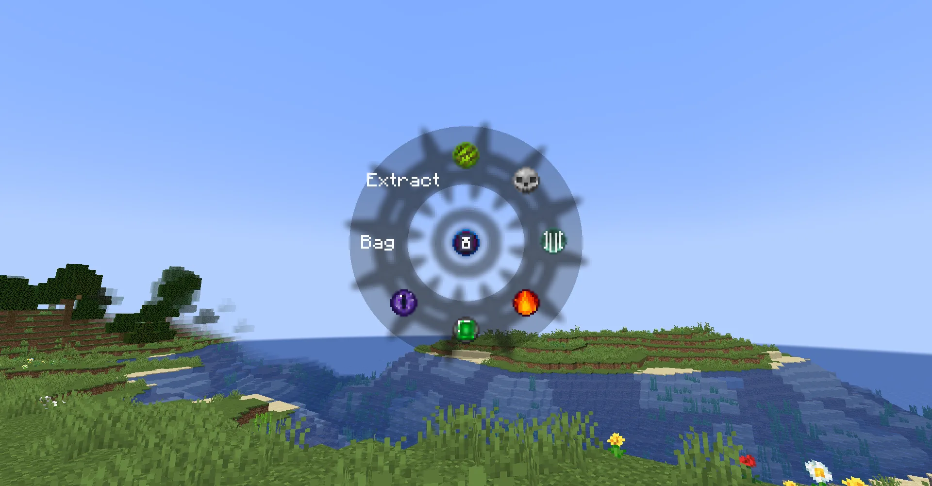 Интерфейс кругового меню выбора фокусов в моде Goety с открытой магической палочкой.