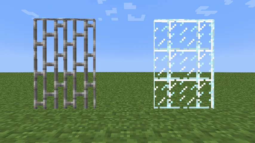 Текстуры старых стеклянных панелей и железных решеток из Minecraft Beta в ресурс-паке Default Beta.