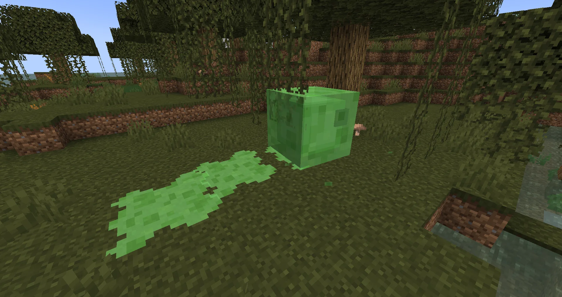 Скриншот игрового процесса Minecraft с эффектом следов от прыжков слайма.