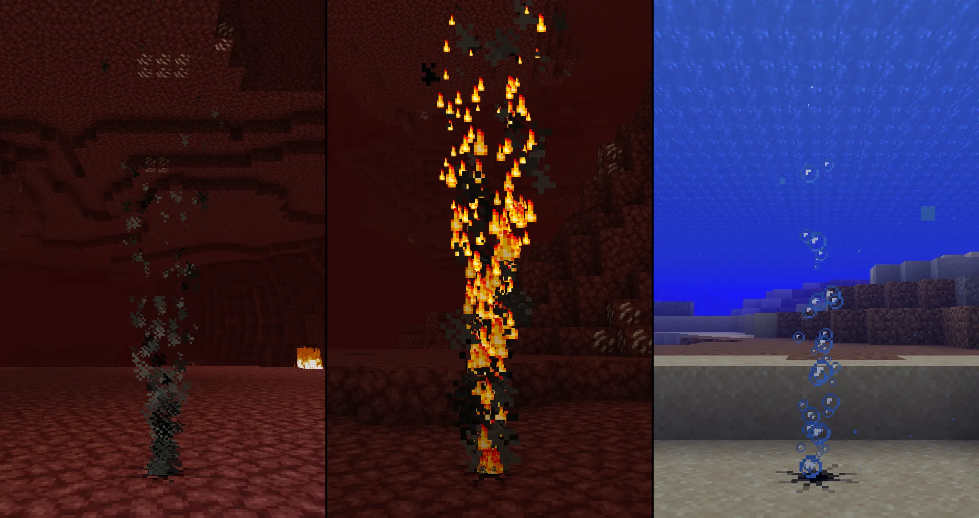 Гейзеры с эффектами дыма, огня и пузырей в Minecraft.