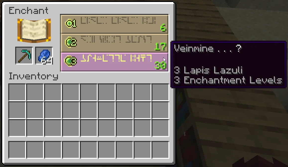 Стол зачарования с интерфейсом мода Veinminer.