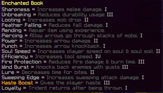 Интерфейс Minecraft с названием, описанием и уровнем зачарования.