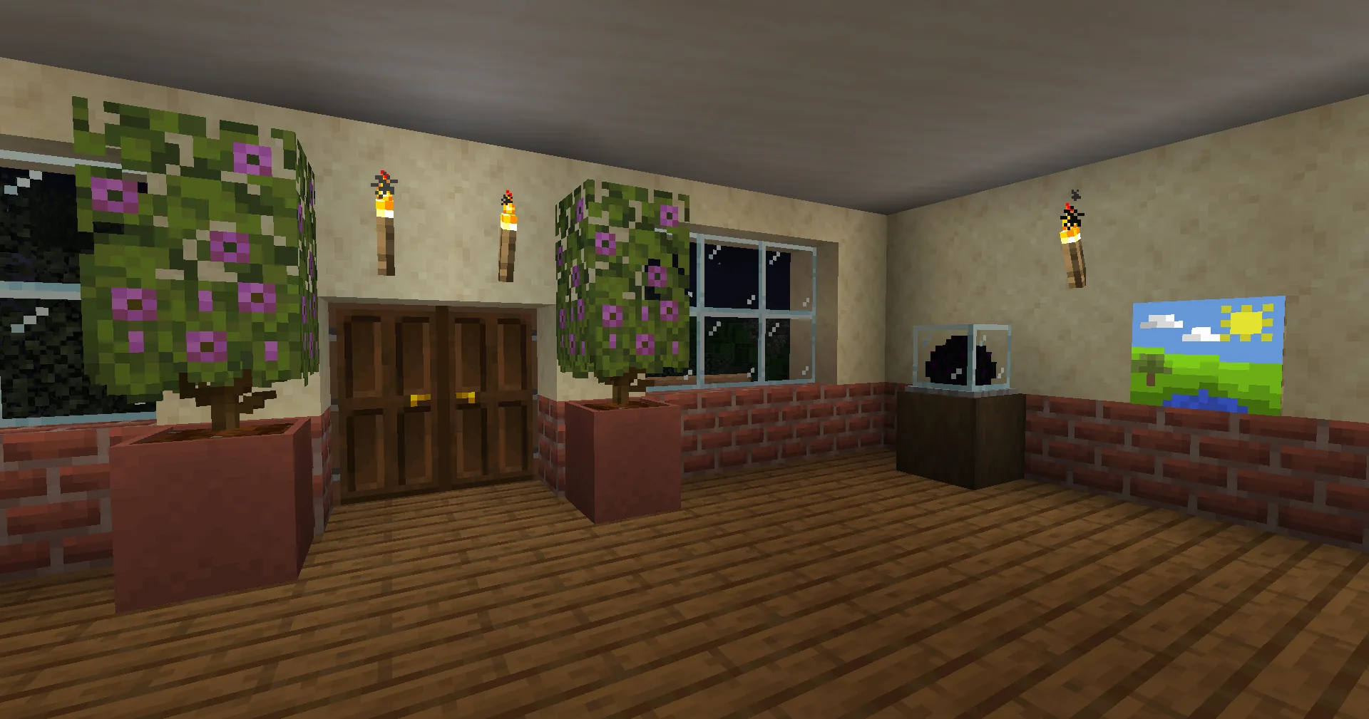 Скриншот мода PolyDecorations: большие цветочные горшки, витрина и холст.