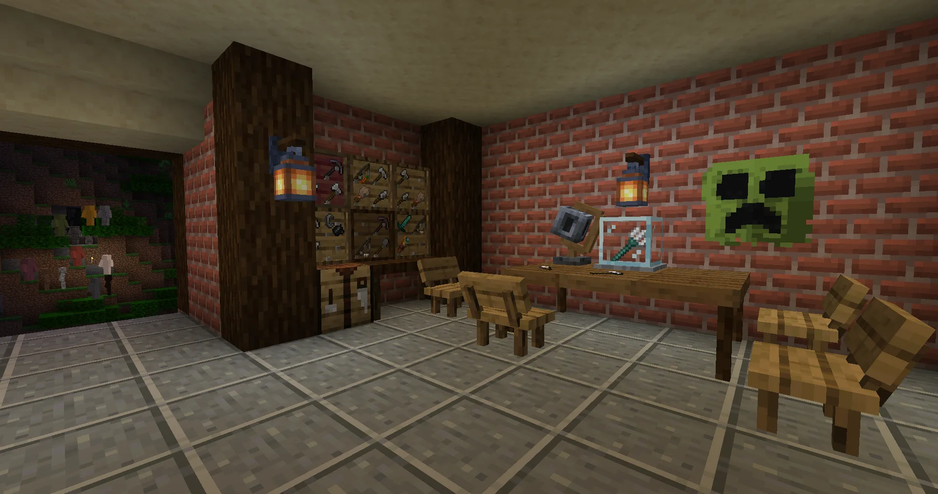 Игровой скриншот мода PolyDecorations: верстак, инструменты на стойках и холсты.