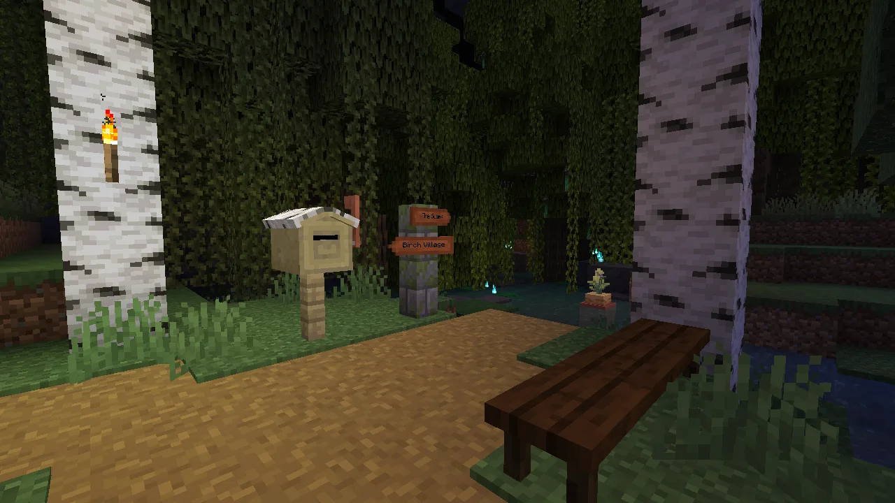 Скриншот мода PolyDecorations: почтовый ящик, скамейка без спинки и призрачные огни.