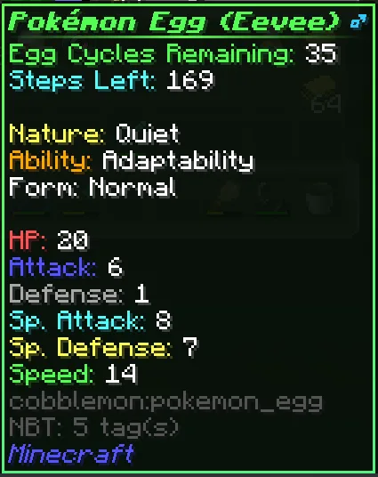 Интерфейс Minecraft с расширенным описанием яйца покемона в моде MoreCobblemonTweaks.
