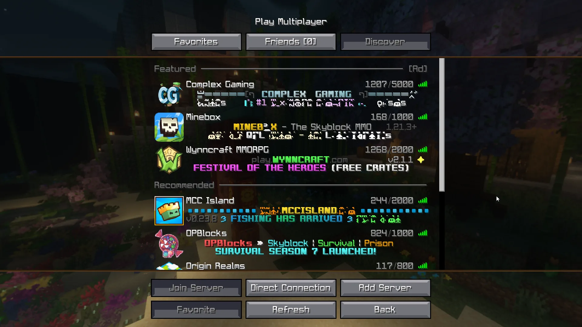 Меню выбора серверов в Glacier GUI